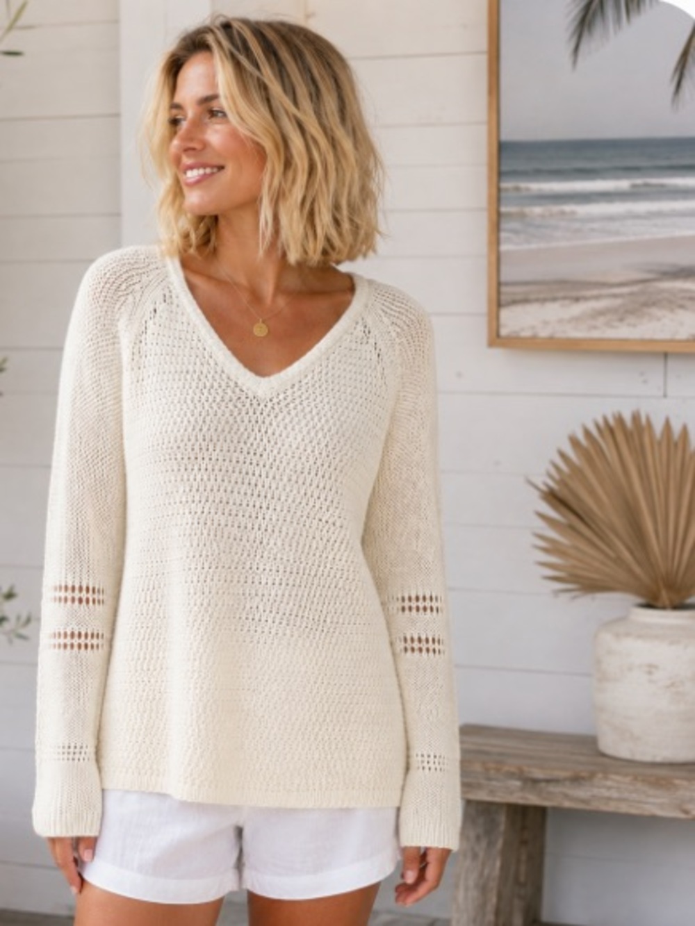 Tommy Bahama Beachy Cotton Open-Stitch V-Neck Sweater